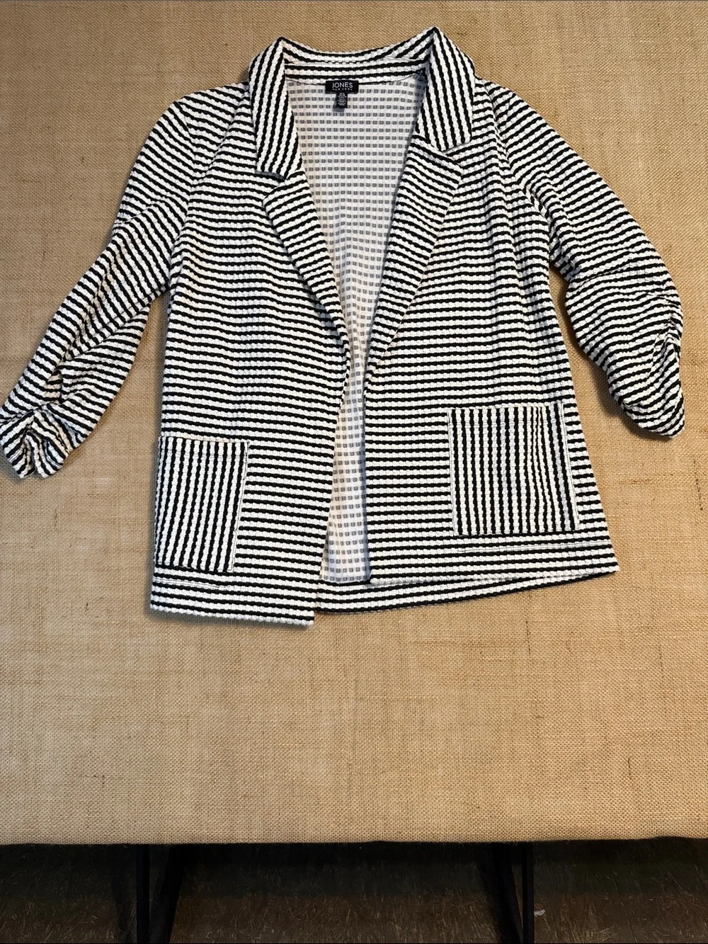 Jones New York Black and White Striped Open-Front Blazer